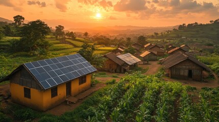 Obraz premium Rural village with solar panels on rooftops at sunset.