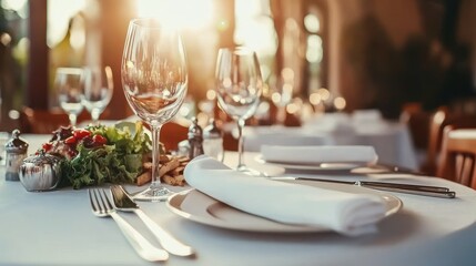Elegant Table Setting with Wine Glass, Salad, and Napkin