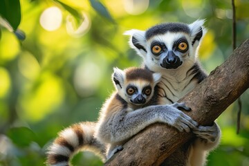 Fototapeta premium Two lemurs perched on a branch, showcasing their expressive eyes in a natural setting.