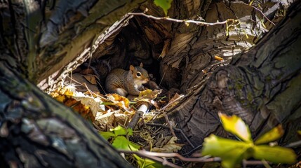 Cozy Squirrel Nest Inside Hollow Tree