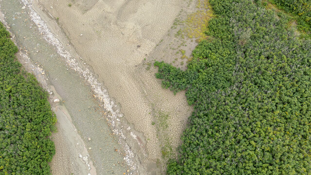 Arda Riverbed running dry during severe drought affecting rainforest in Piacenza, Italy