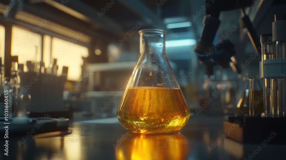 Aufkleber A Close-Up of a Flask Filled with Yellow Liquid in a Laboratory Setting