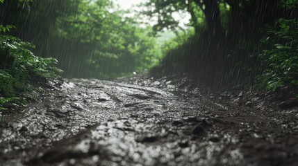 A muddy path in a lush, rain-soaked forest, conveying a sense of nature's tranquility.