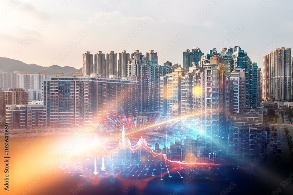Poster hong kong apartment buildings with an overlay of a digital financial graph concept that shows the ma