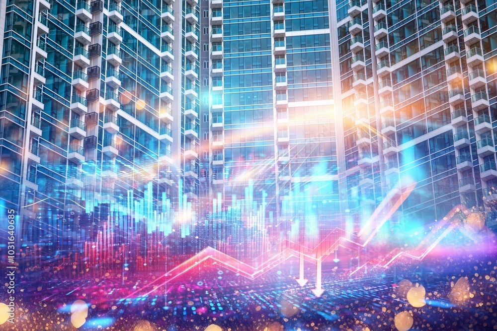 Poster a hong kong residential building with a futuristic overlay showing a market crash.