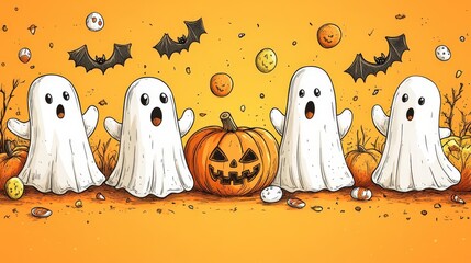 A fun Halloween doodle background with whimsical hand-drawn ghosts, pumpkins, bats, and candy spread across a vibrant orange surface, perfect for creating a festive and cheerful atmosphere.