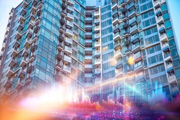 A high-rise apartment building in Hong Kong with an overlay of a financial market crisis concept.