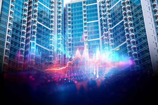 Modern high-rise buildings with a futuristic digital overlay showing a declining graph, suggesting a crisis in the housing market.