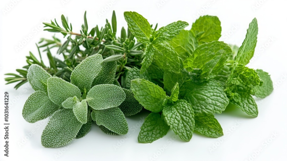 Poster A close-up shot of fresh rosemary, sage, and mint herbs isolated on a white background.