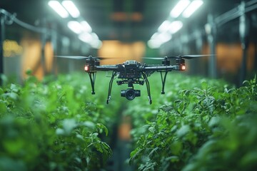 A drone flies through a vertical farm, surveying the plants.