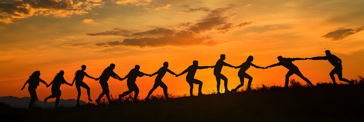 Teamwork silhouette at sunset showing unity, support, and collaboration as a group holds hands, symbolizing strength, connection, and determination; ideal for teamwork and togetherness themes