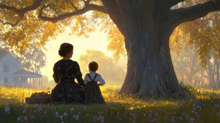 A serene moment under a tree, depicting a woman and child enjoying nature's beauty.