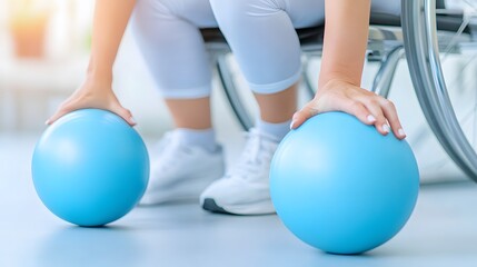 Naklejka premium A person in a wheelchair is seen using two blue therapy balls, emphasizing rehabilitation and adaptive fitness.