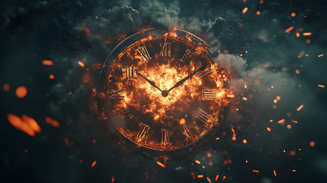Exploding clock engulfed in fire and smoke symbolizing time destruction urgency countdown chaos with dramatic burning sparks surreal fantasy concept of apocalyptic crisis