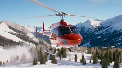 Obraz premium A bright red helicopter flies over snow-covered mountains, showcasing a clear blue sky and a winter landscape.