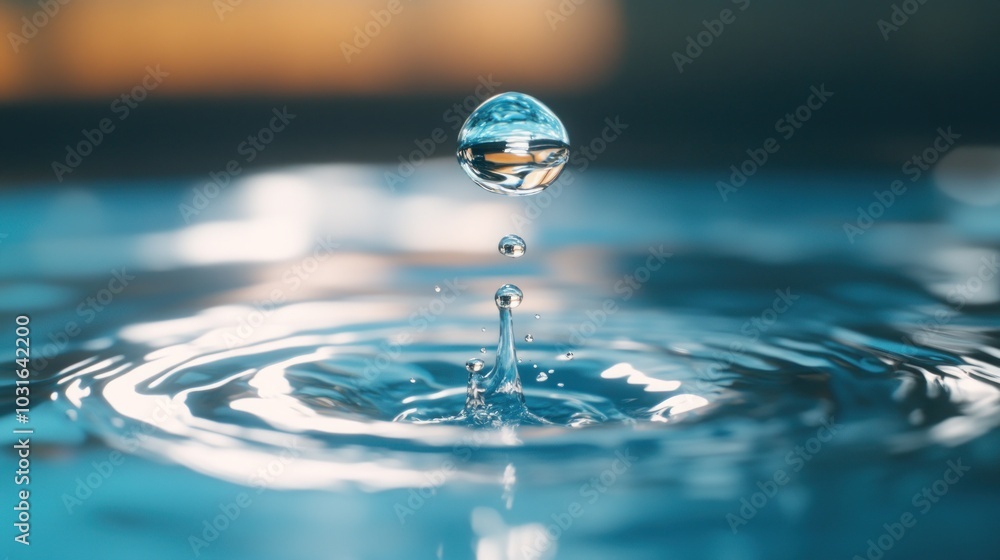 Poster a single water drop falls into a pool of water, creating a ripple effect. the drop is in mid-air, wi