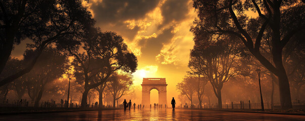 A stunning view of India Gate illuminated by the warm hues of a sunset, with silhouetted trees and people enjoying a peaceful evening in the surrounding park