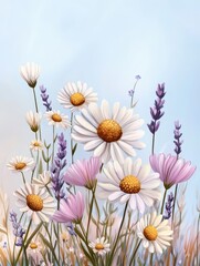 Fototapeta premium A serene meadow filled with soft pastel wildflowers under a clear blue sky, inviting tranquility and beauty.