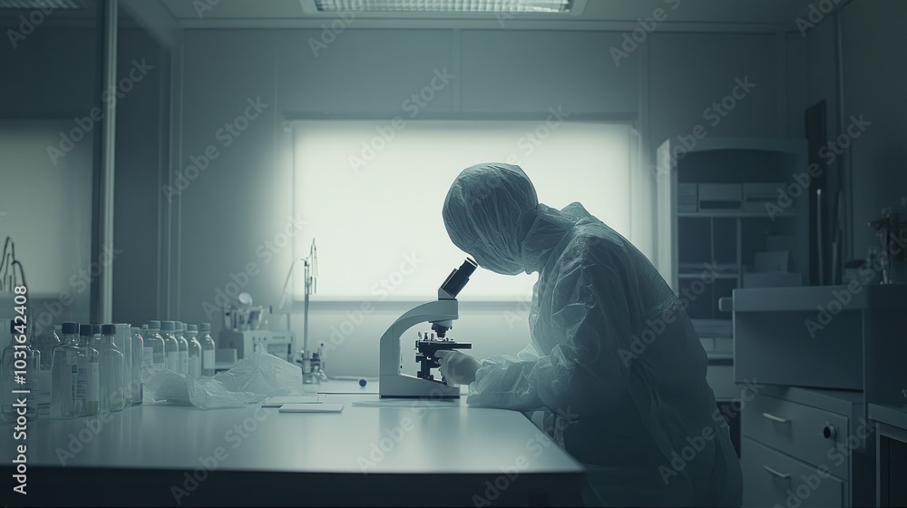 Poster A Scientist in a Protective Suit Uses a Microscope in a Laboratory Setting