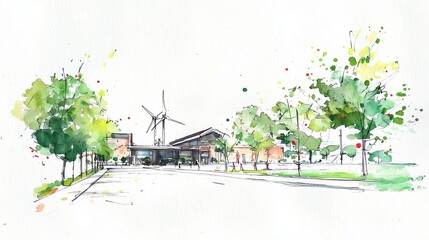 Illustration of sustainable buildings with wind turbine and trees symbolizing energy efficiency.