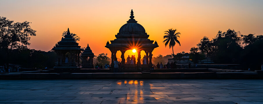 Sunset at Ishvara Temple: A stunning sunset view behind the temple, casting vibrant colors across the sky, with silhouettes of devotees and temple architecture creating a magical atmosphere