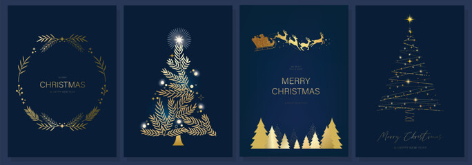 Luxury gold happy holiday  invitation card design vector. Christmas tree, sleigh santa and reindeer with spot texture on navy blue background. Design illustration for cover, print, poster, ads.  © babeer