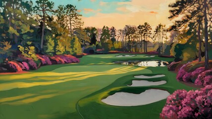 Impressionistic Painting of Augusta National Golf Course at Sunset with Lush Green Grass, Pink Azaleas, and Serene Pond