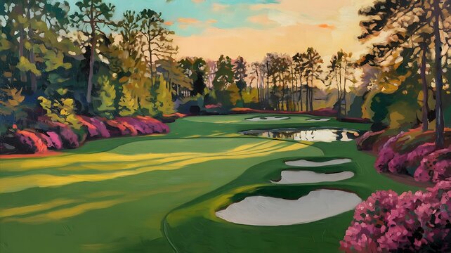 Impressionistic Painting of Augusta National Golf Course at Sunset with Lush Green Grass, Pink Azaleas, and Serene Pond