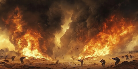 Fierce battle scene, desert war, flames, smoke filling the sky