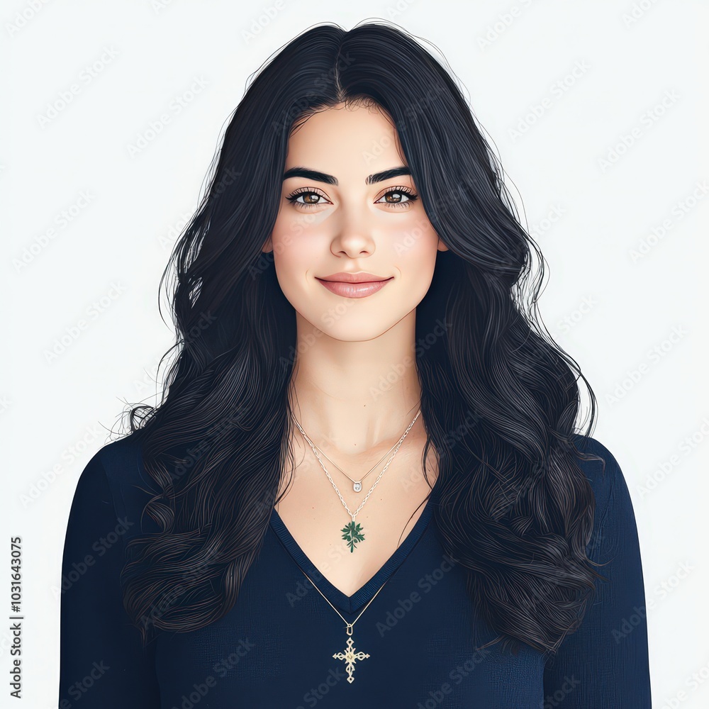 Wall mural Beautiful Woman with Long Black Hair and Necklaces on White Background