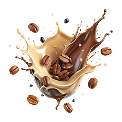 Coffee beans with chocolate and milk splashes png background