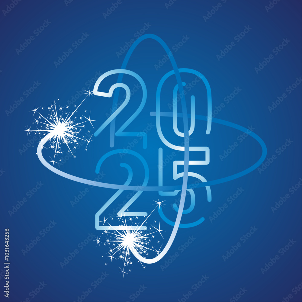 Canvas Prints Happy New Year 2025 neon line art design shape of 2025 year logo inside line art power energy circle sign with sparkle firework on blu background. New Year template for 2025