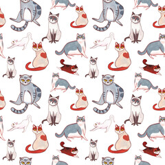 A fat gray cat sits and looks at you. A white and orange cat turns to look at you. A brown cat is lying down and playing., hand-drawn watercolor seamless pattern