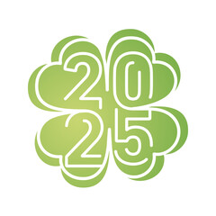 Happy New Year 2025 neon line art design shape of 2025 year logo on green lucky clover. Lucky New Year template for 2025