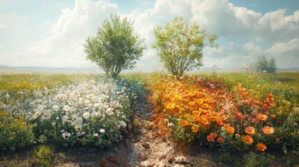 Two trees stand in a field of wildflowers, the left side is white, the right side is orange.  The sky is blue with fluffy clouds.