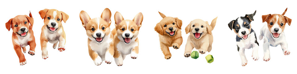Description Seven playful puppies of various breeds are joyfully running together against a black background.