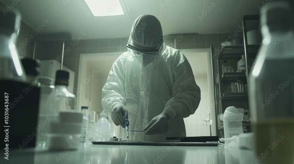 Poster A Scientist in a Protective Suit Working in a Laboratory