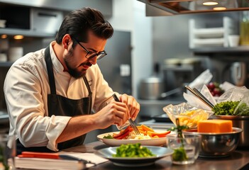 A chef experimenting with new flavors in a test kitchen combinin