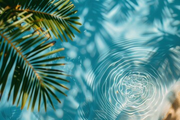 Palm leaves casting shadows on the surface of clear blue water. AI.
