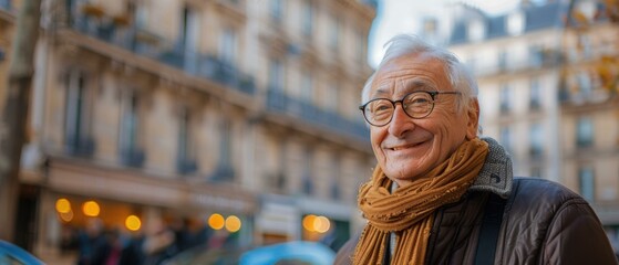 A smiling elderly man wearing glasses and a scarf. AI.