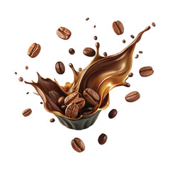 Coffee beans with chocolate and milk splashes png background