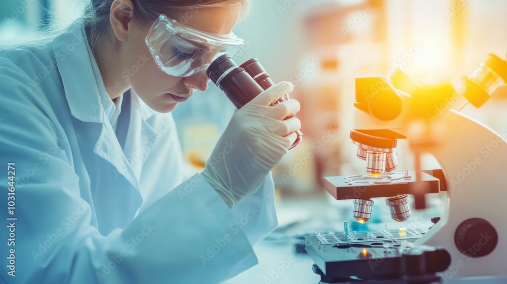 Poster A Scientist Examining a Sample Under a Microscope in a Laboratory