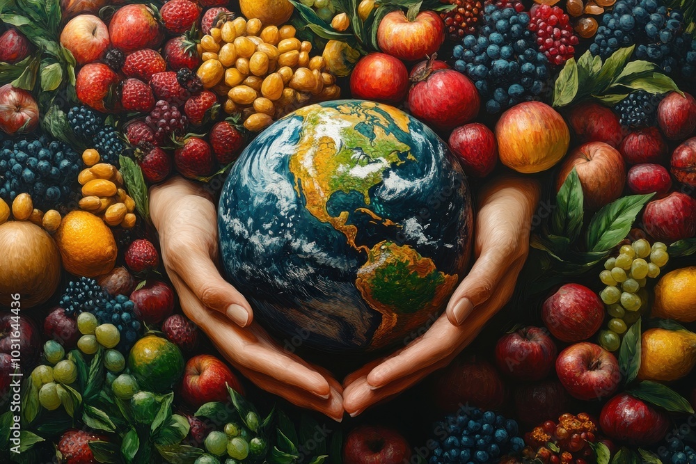 Wall mural two hands hold a globe surrounded by a variety of fruits.