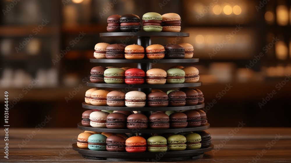 Poster an elegant dessert display featuring a selection of colorful macarons, presented on a tiered stand f