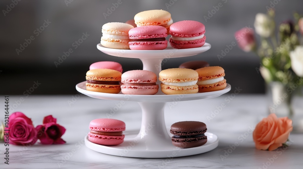 Poster an elegant dessert display featuring a selection of colorful macarons, presented on a tiered stand f