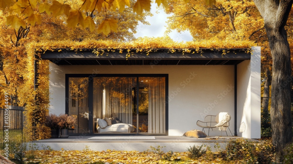 Poster the cozy modern home is nestled within a forest, showcasing a stunning display of autumn leaves. the