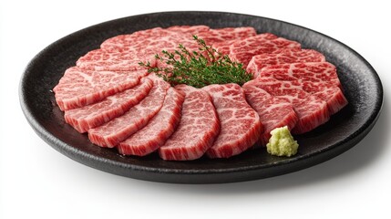 Minimalist clip art of Wagyu beef slices stacked neatly, highlighting the smooth edges and marbling patterns, floating on a white background, perfect for restaurant menus or promotional materials.