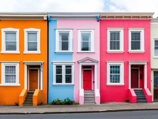 Charming row of pastel pink and mint homes with vibrant facades, showcasing a delightful burst of color.