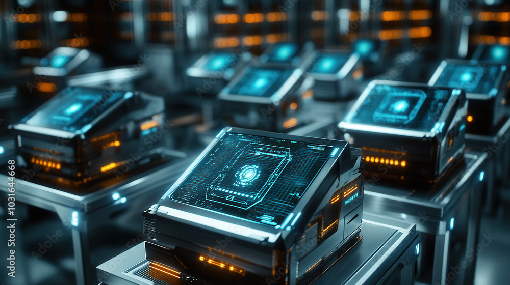 Poster futuristic technology showcased in high tech environment with illuminated devices. scene features mu