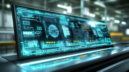 Obraz premium Futuristic digital interface displaying advanced data analytics and robotic systems in modern industrial setting. vibrant screens showcase various metrics and visualizations
